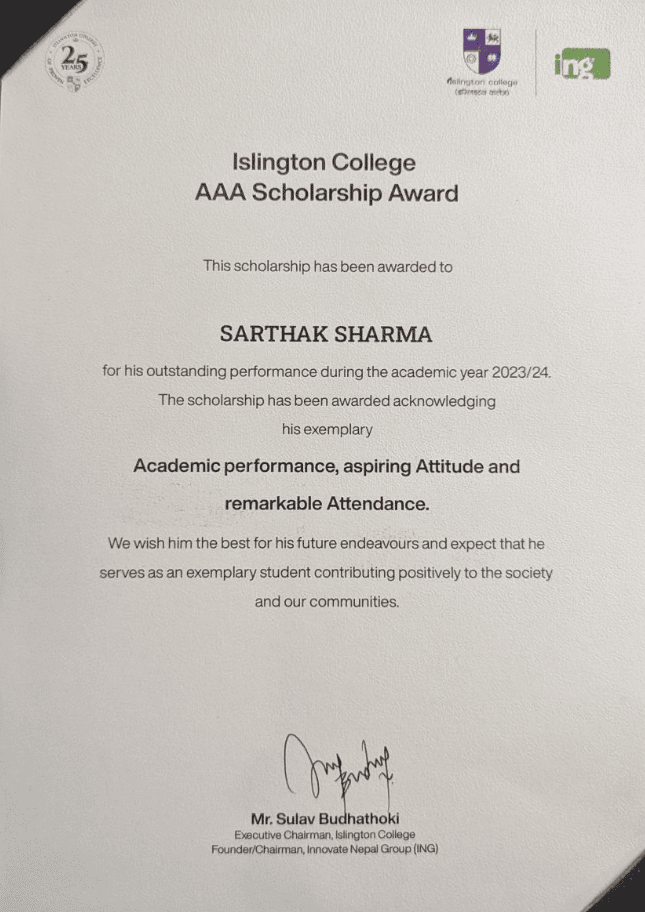 AAA Scholarship Award - First Year - Islington College